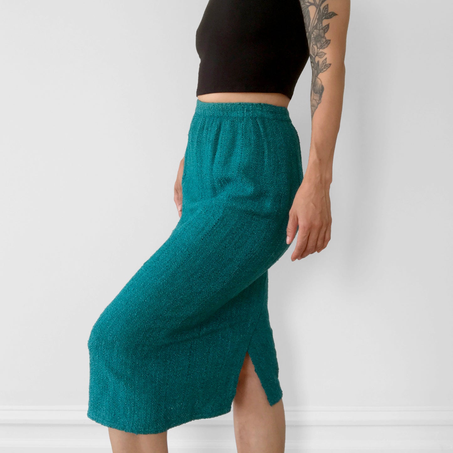 1970s Teal Woven Silk Knit Elastic-Waist Fitted Skirt