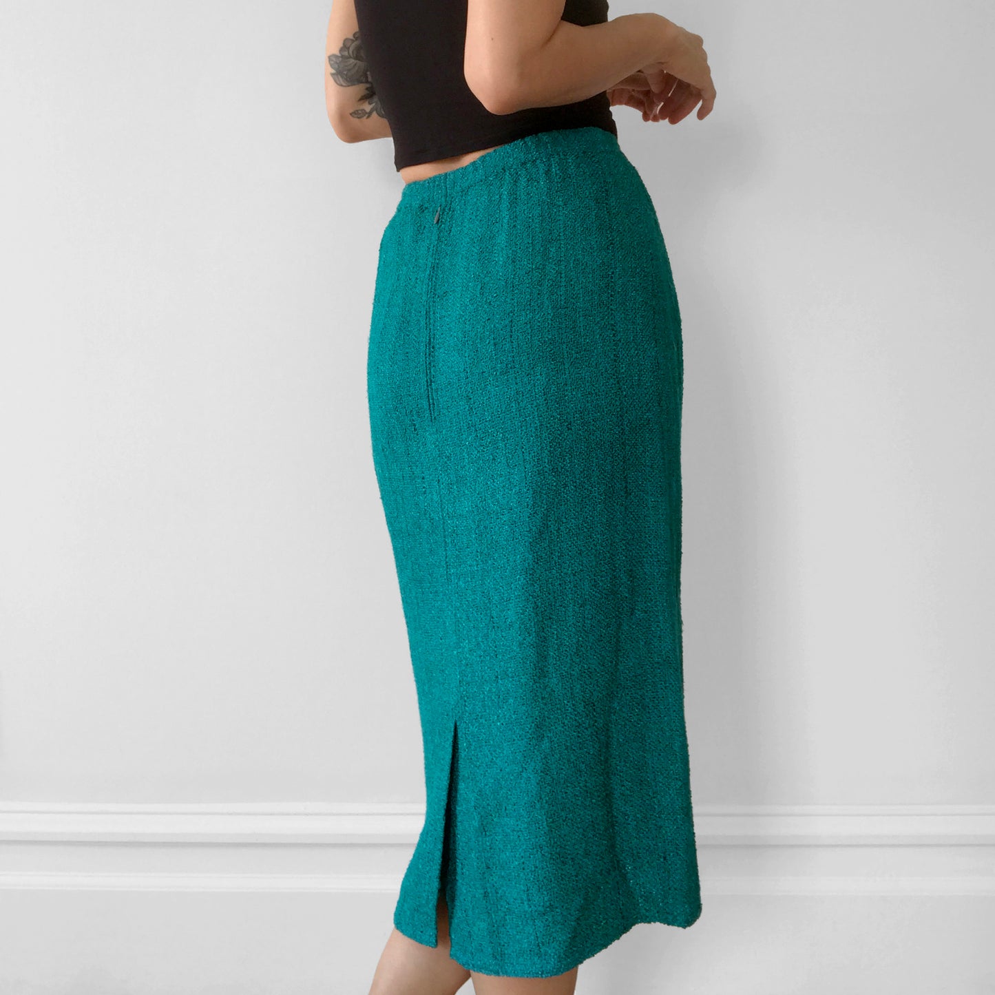 1970s Teal Woven Silk Knit Elastic-Waist Fitted Skirt