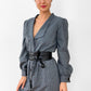 1980s Made in Canada Grey White Pinstripe Button-Front Cotton-Blend Pleated-Shoulder Dress