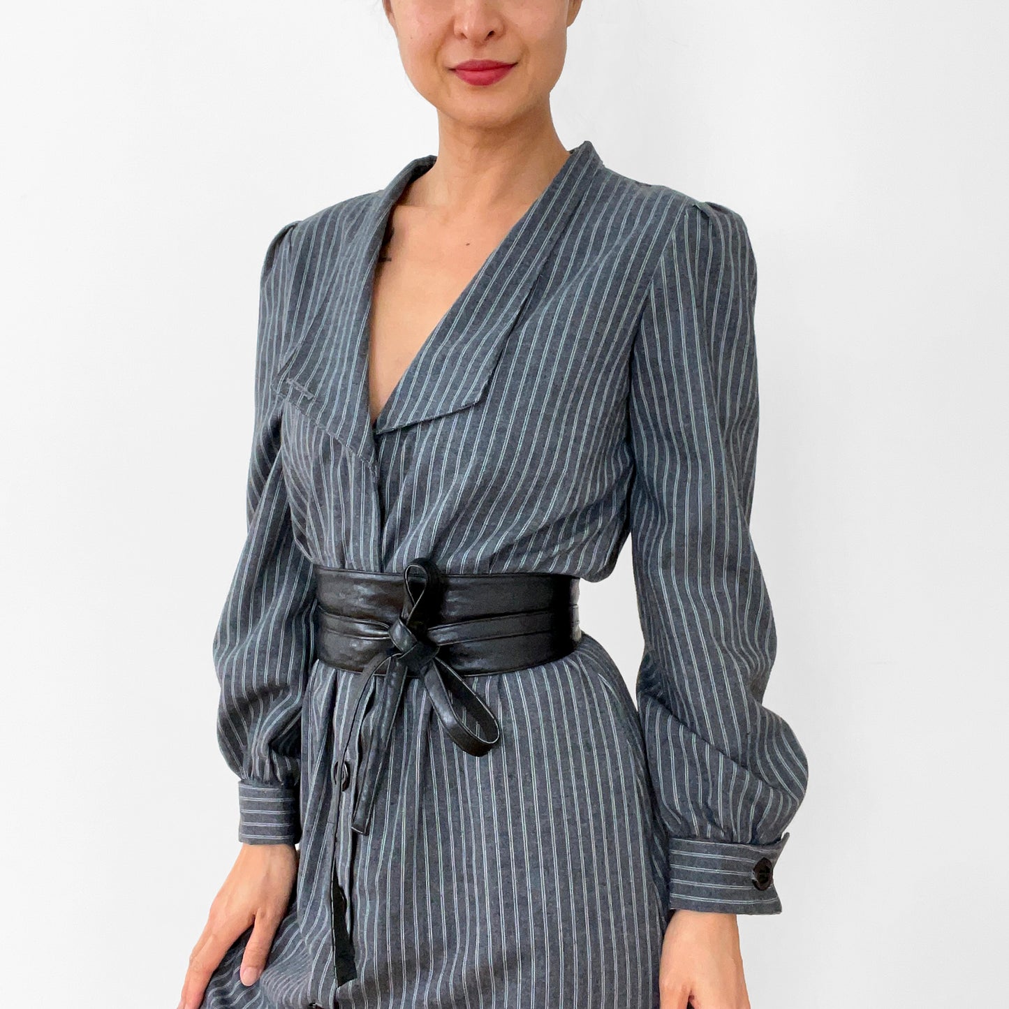 1980s Made in Canada Grey White Pinstripe Button-Front Cotton-Blend Pleated-Shoulder Dress