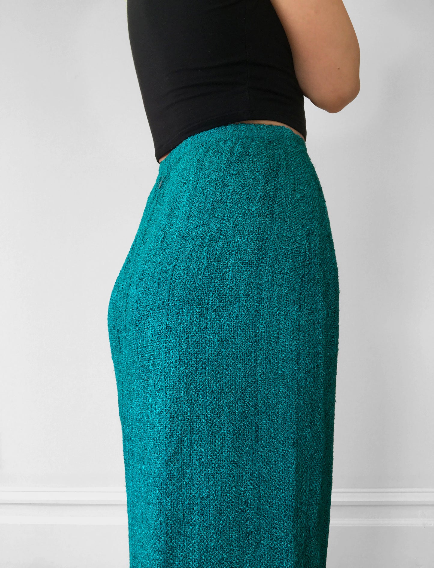 1970s Teal Woven Silk Knit Elastic-Waist Fitted Skirt