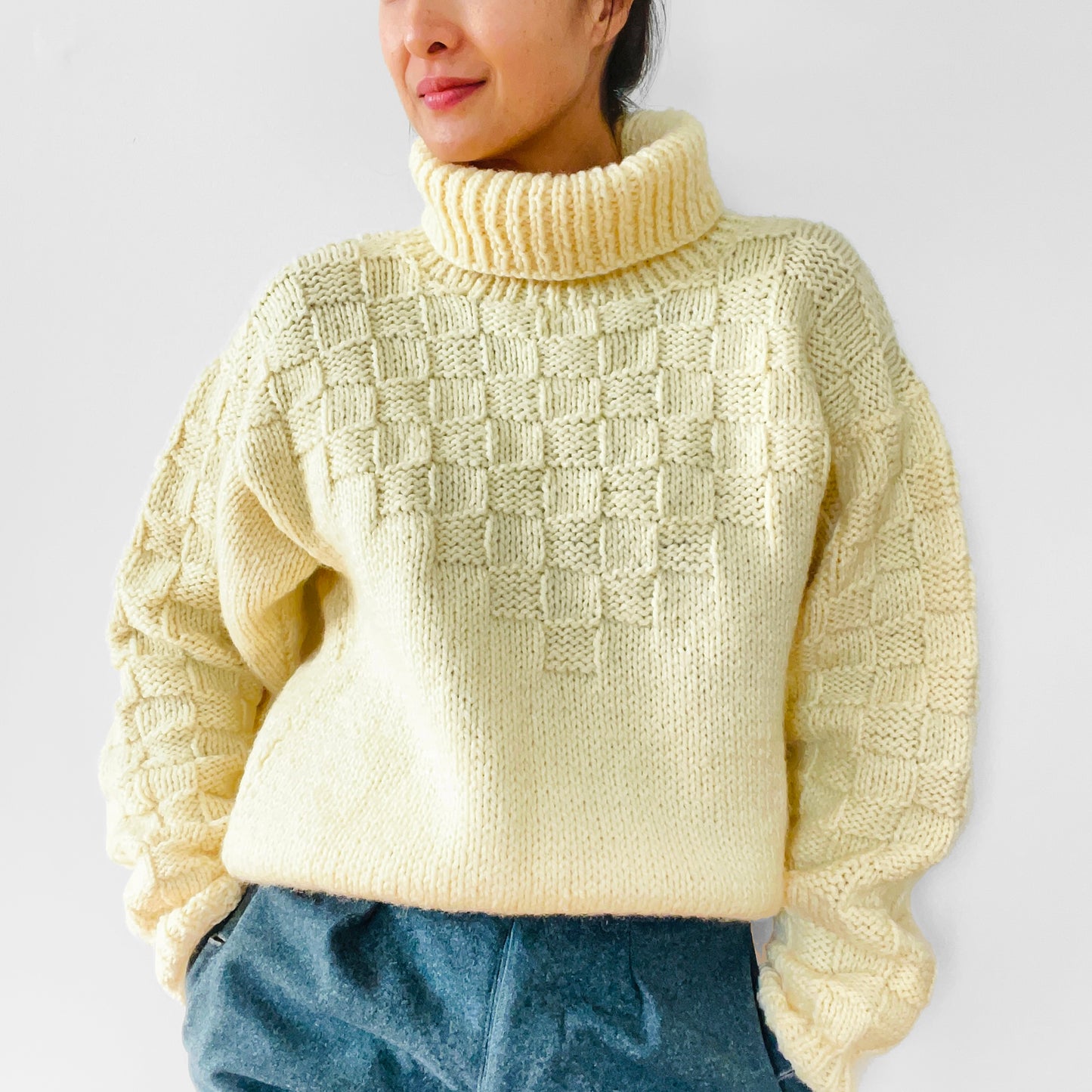 Cream Butter-Yellow Hand-Knit Handmade Turtleneck Pullover Jumper Sweater