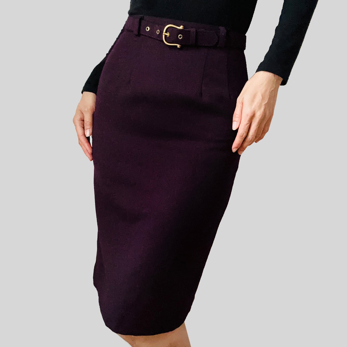 1980s Eggplant Purple Wool Fitted Belted Pencil Skirt - Sz.2 / XXS