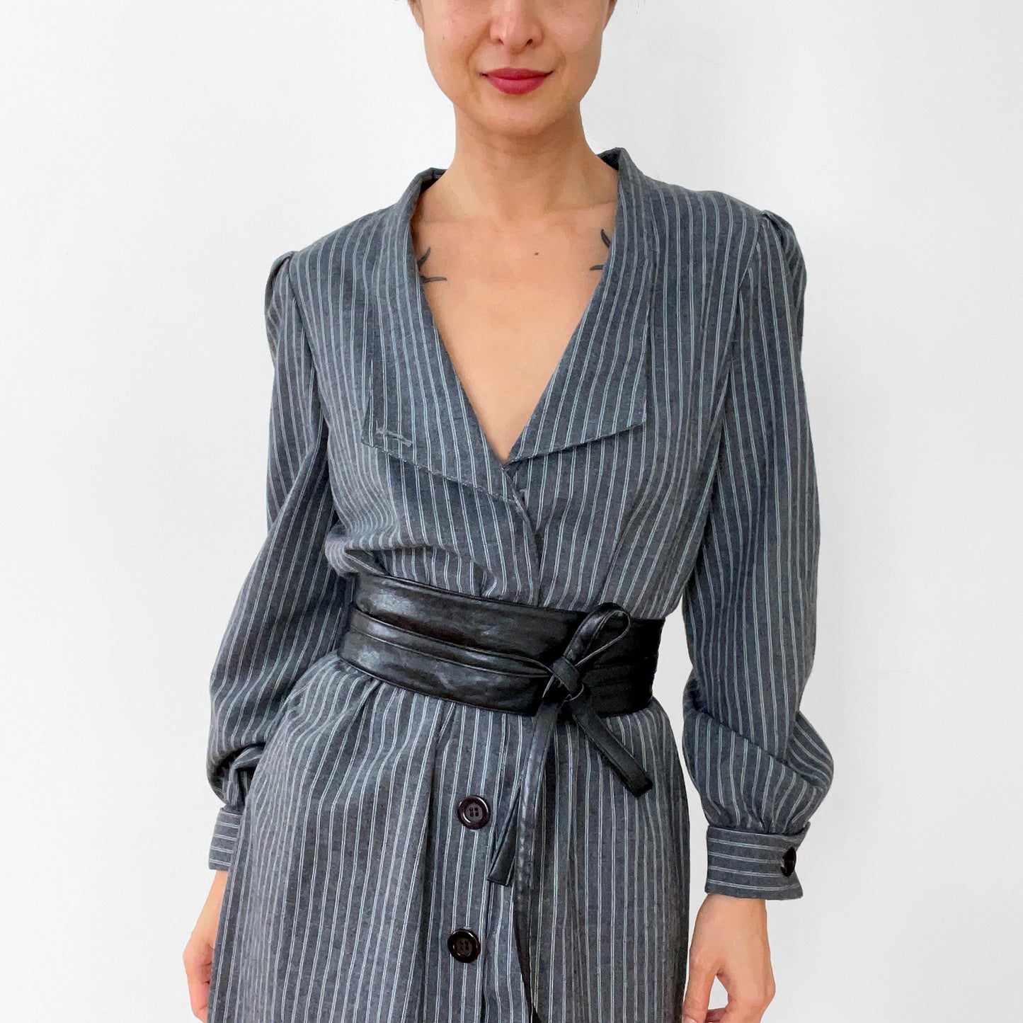 1980s Made in Canada Grey White Pinstripe Button-Front Cotton-Blend Pleated-Shoulder Dress