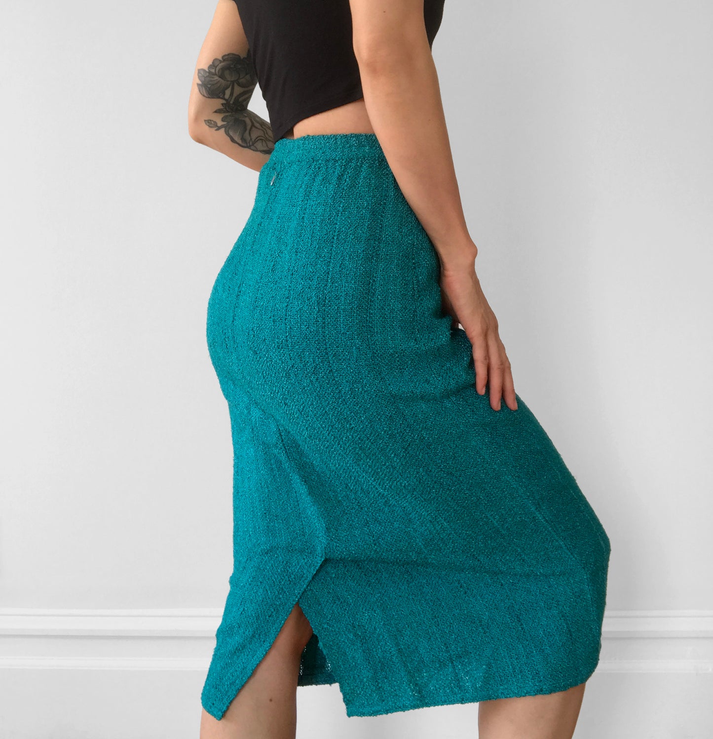 1970s Teal Woven Silk Knit Elastic-Waist Fitted Skirt