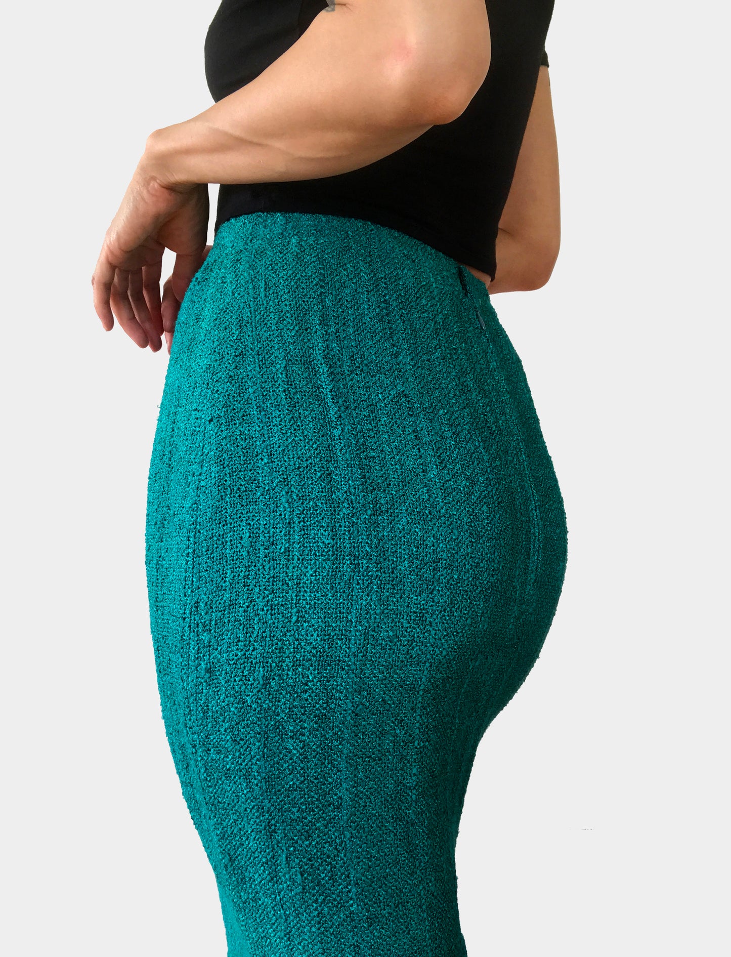 1970s Teal Woven Silk Knit Elastic-Waist Fitted Skirt