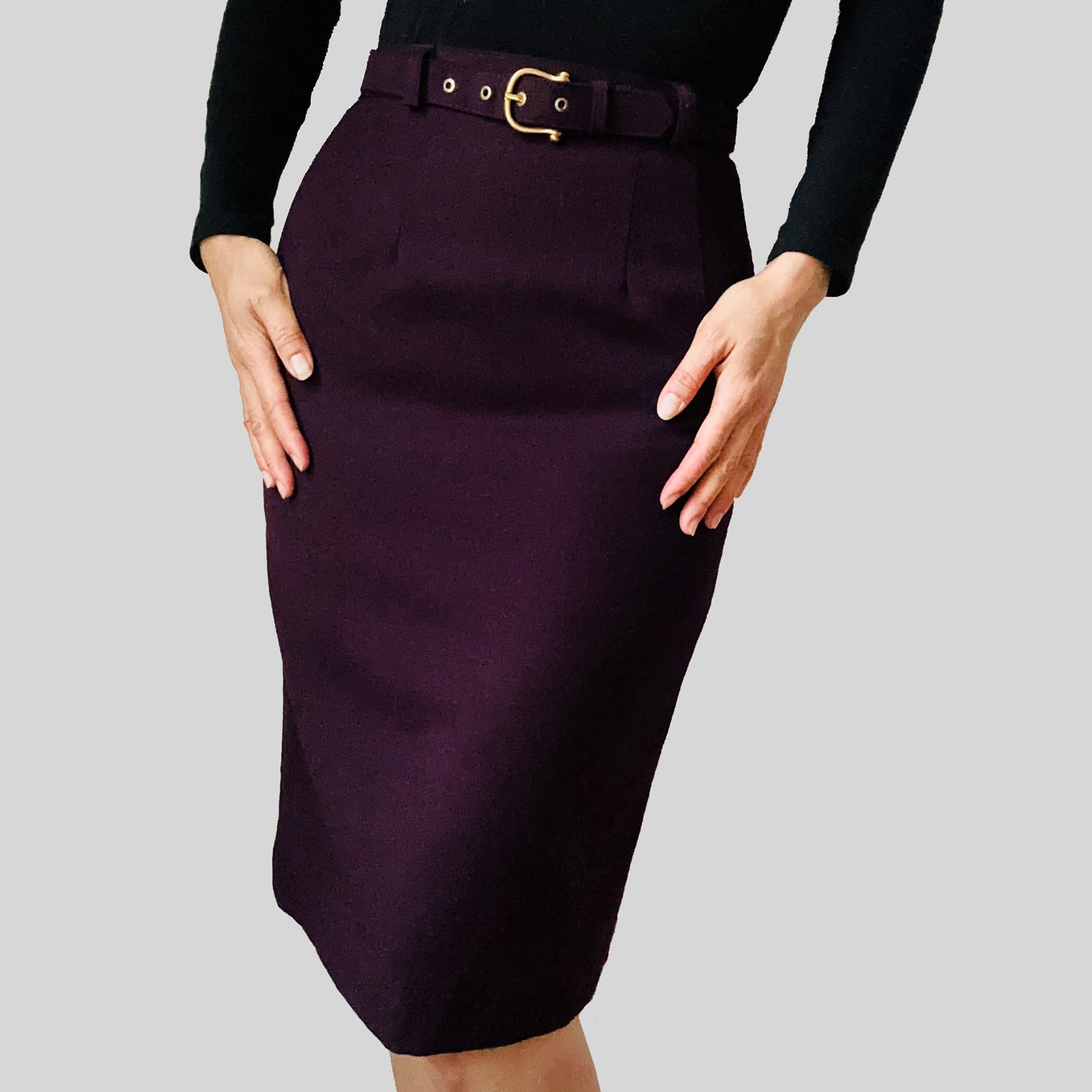 1980s Eggplant Purple Wool Fitted Belted Pencil Skirt - Sz.2 / XXS