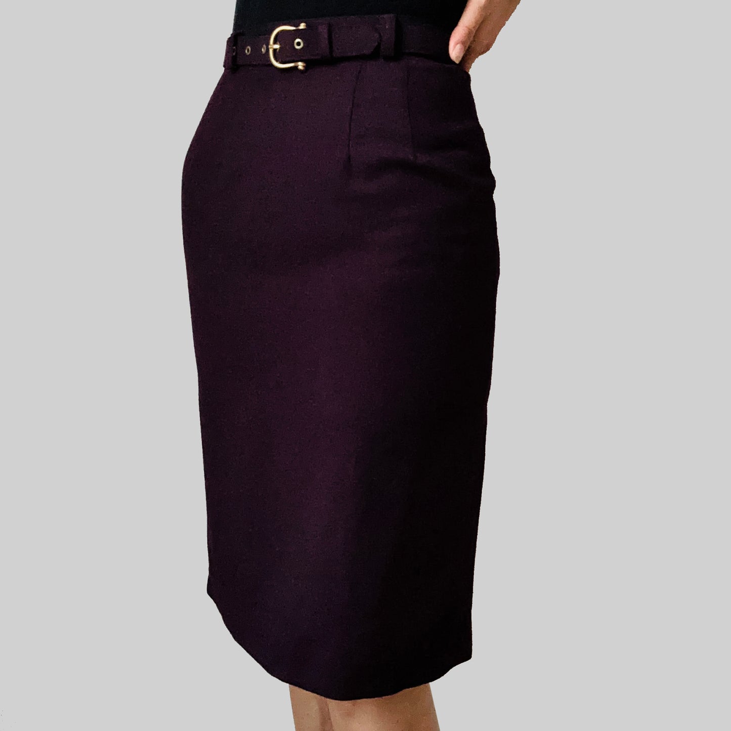 1980s Eggplant Purple Wool Fitted Belted Pencil Skirt - Sz.2 / XXS