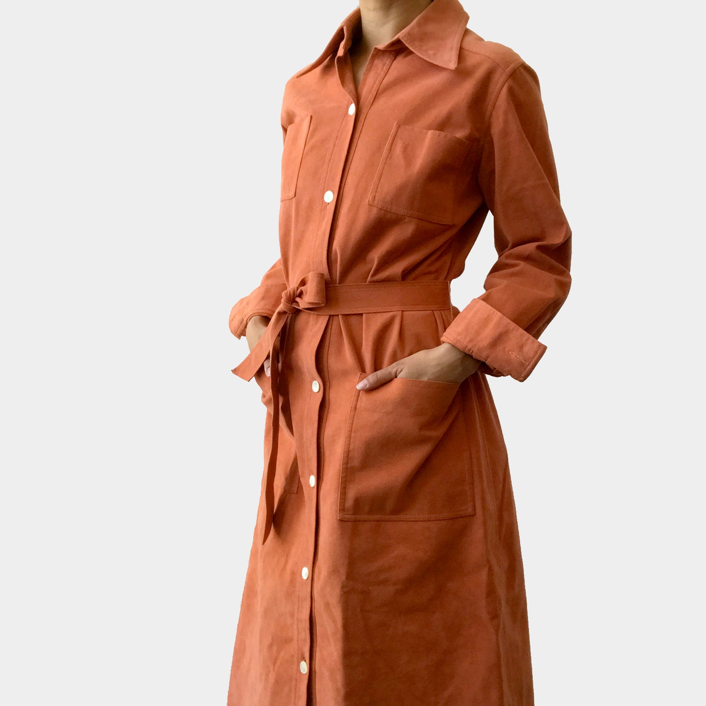 1970s Peachy Water-Resistant Breathable Button-Up Micro Suede Dress