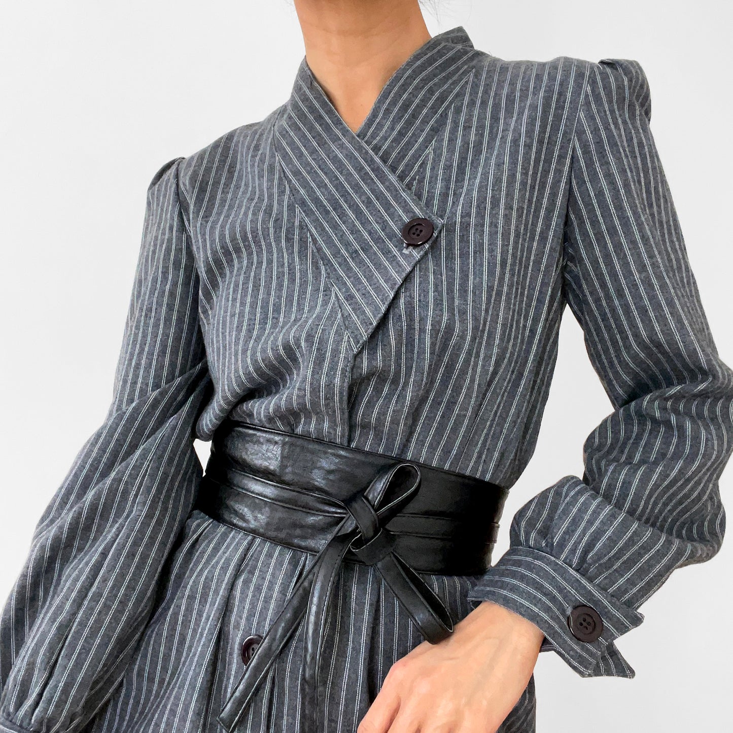 1980s Made in Canada Grey White Pinstripe Button-Front Cotton-Blend Pleated-Shoulder Dress