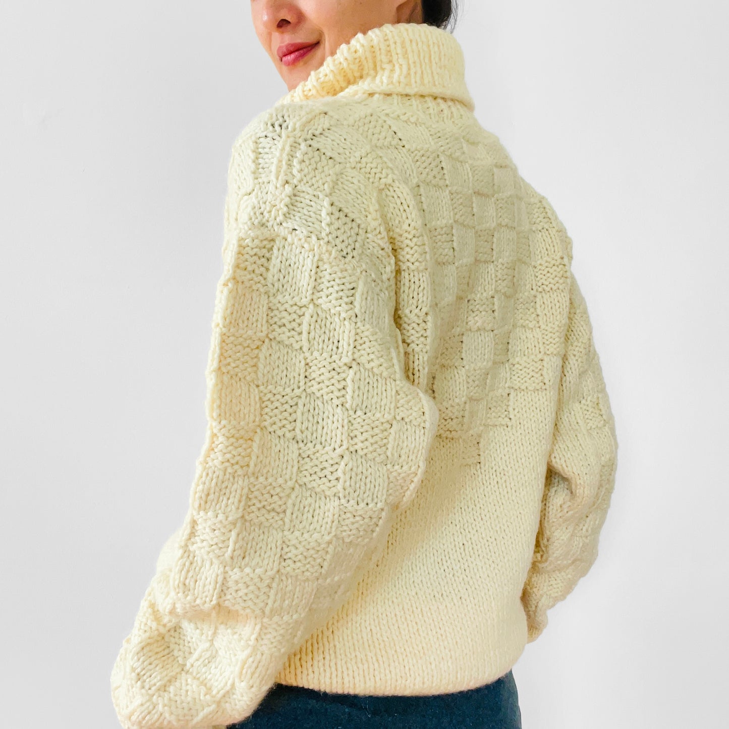 Cream Butter-Yellow Hand-Knit Handmade Turtleneck Pullover Jumper Sweater