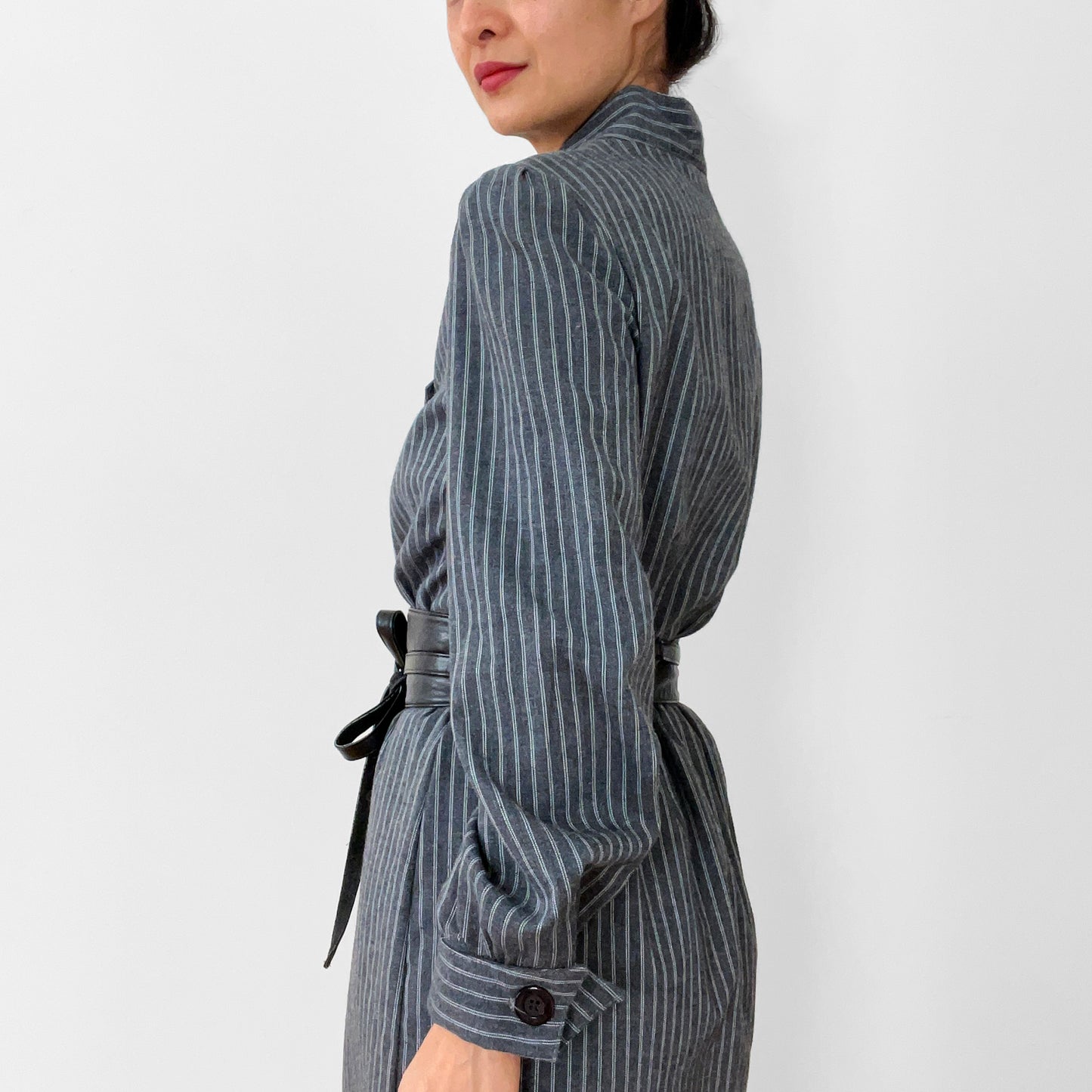 1980s Made in Canada Grey White Pinstripe Button-Front Cotton-Blend Pleated-Shoulder Dress