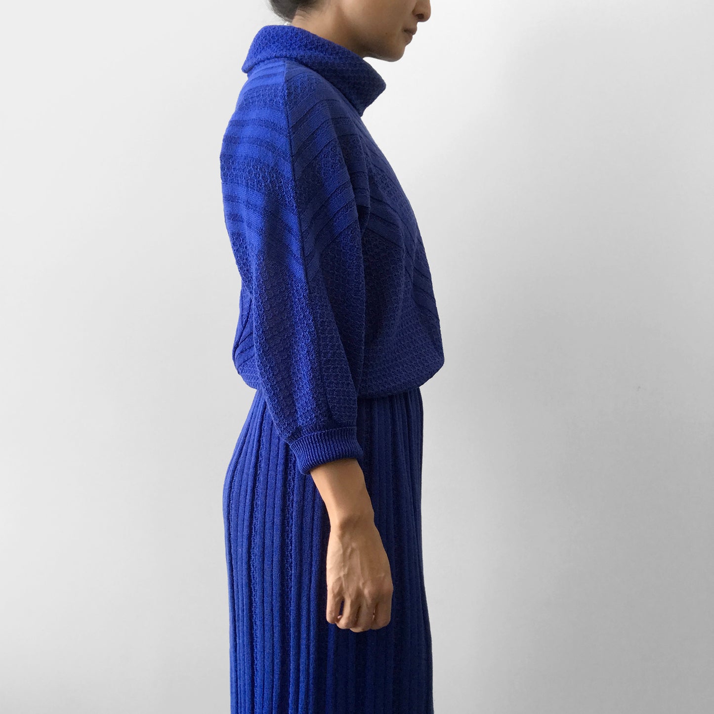 1980s Indigo Blue Knit Cowl-Neck Sweater Dress with Belt