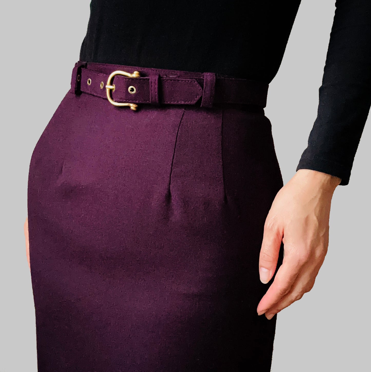 1980s Eggplant Purple Wool Fitted Belted Pencil Skirt - Sz.2 / XXS