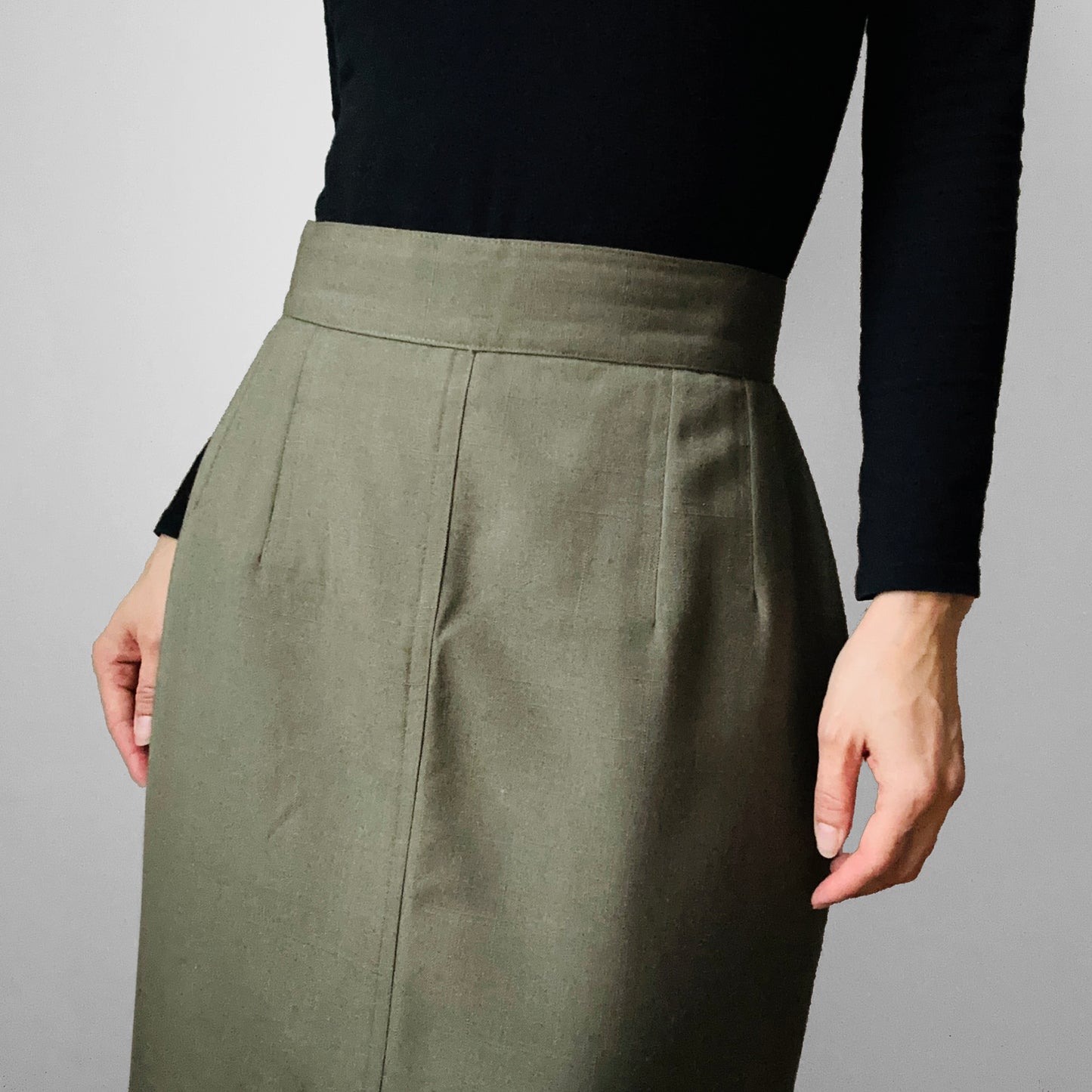 1980s Olive Green High-Waisted Knee-Length Fitted Skirt - Waist 26.5