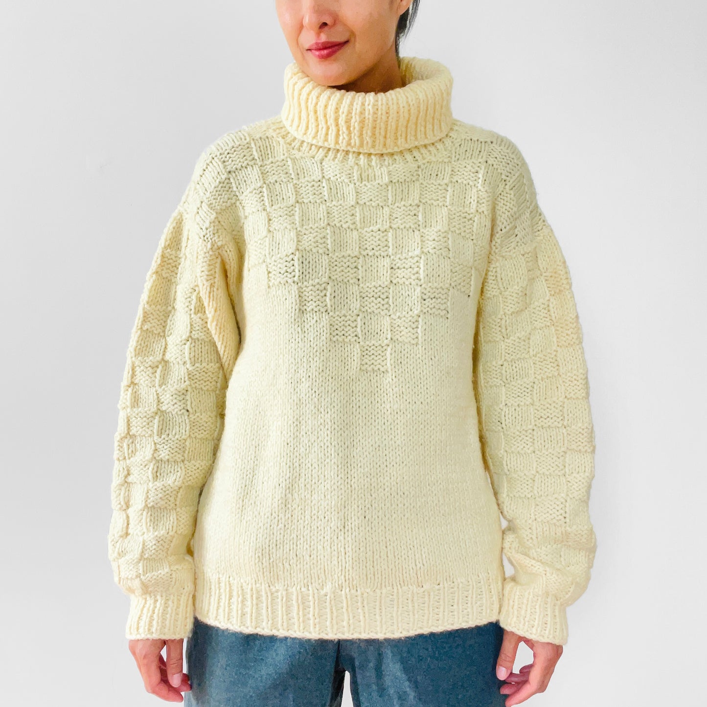 Cream Butter-Yellow Hand-Knit Handmade Turtleneck Pullover Jumper Sweater