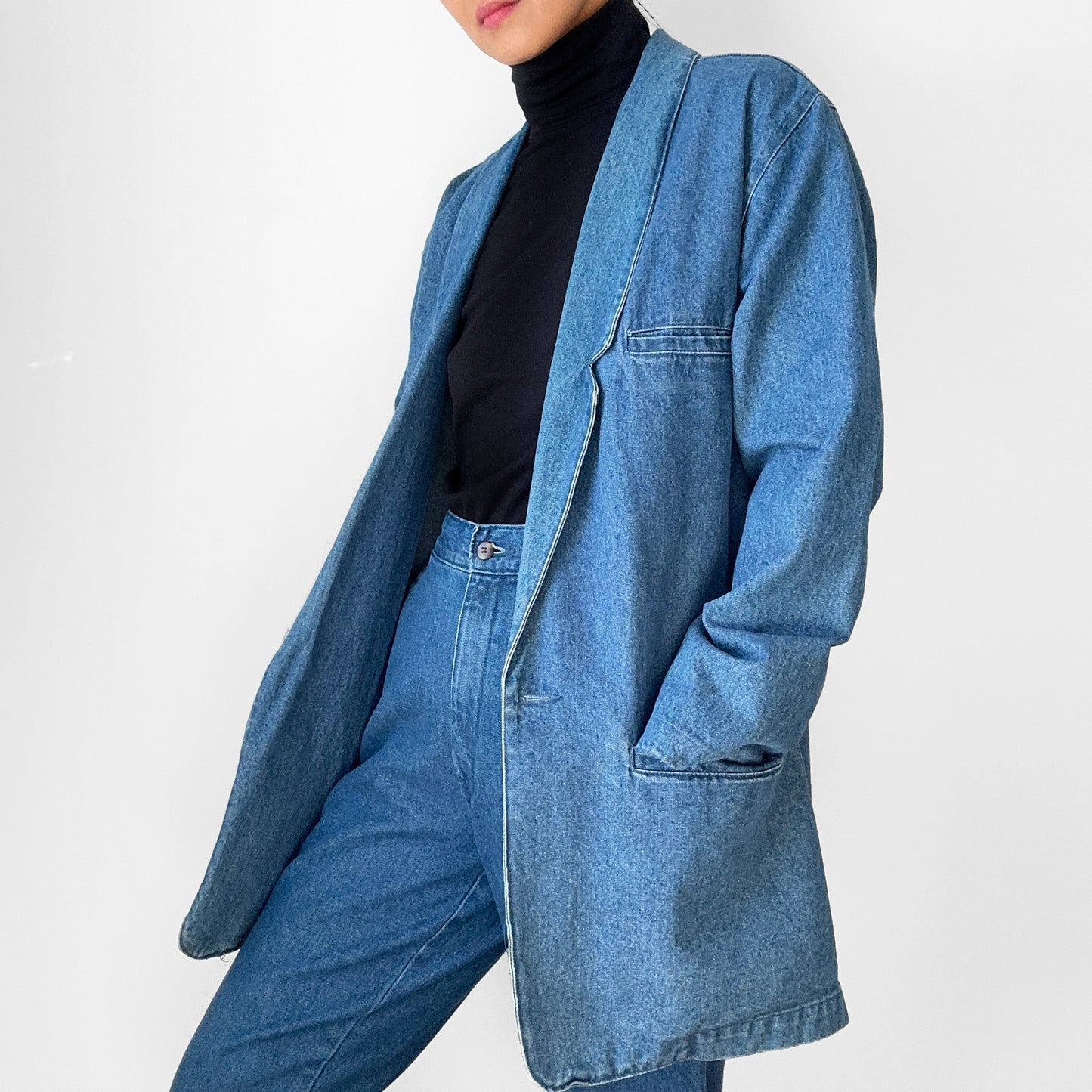 1980s Heavy Medium Wash Denim Single Button Jean Blazer Jacket - S/M