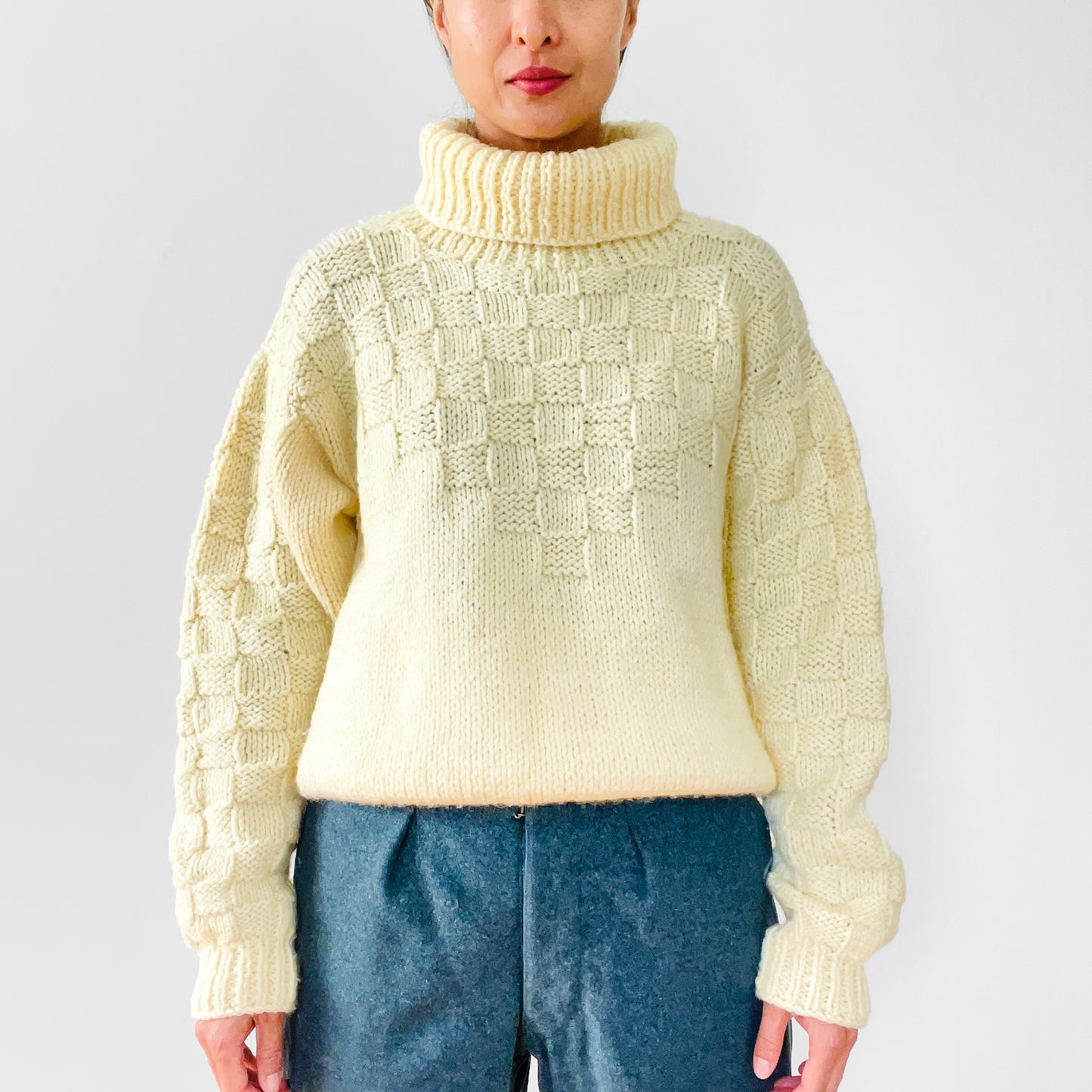 Cream Butter-Yellow Hand-Knit Handmade Turtleneck Pullover Jumper Sweater