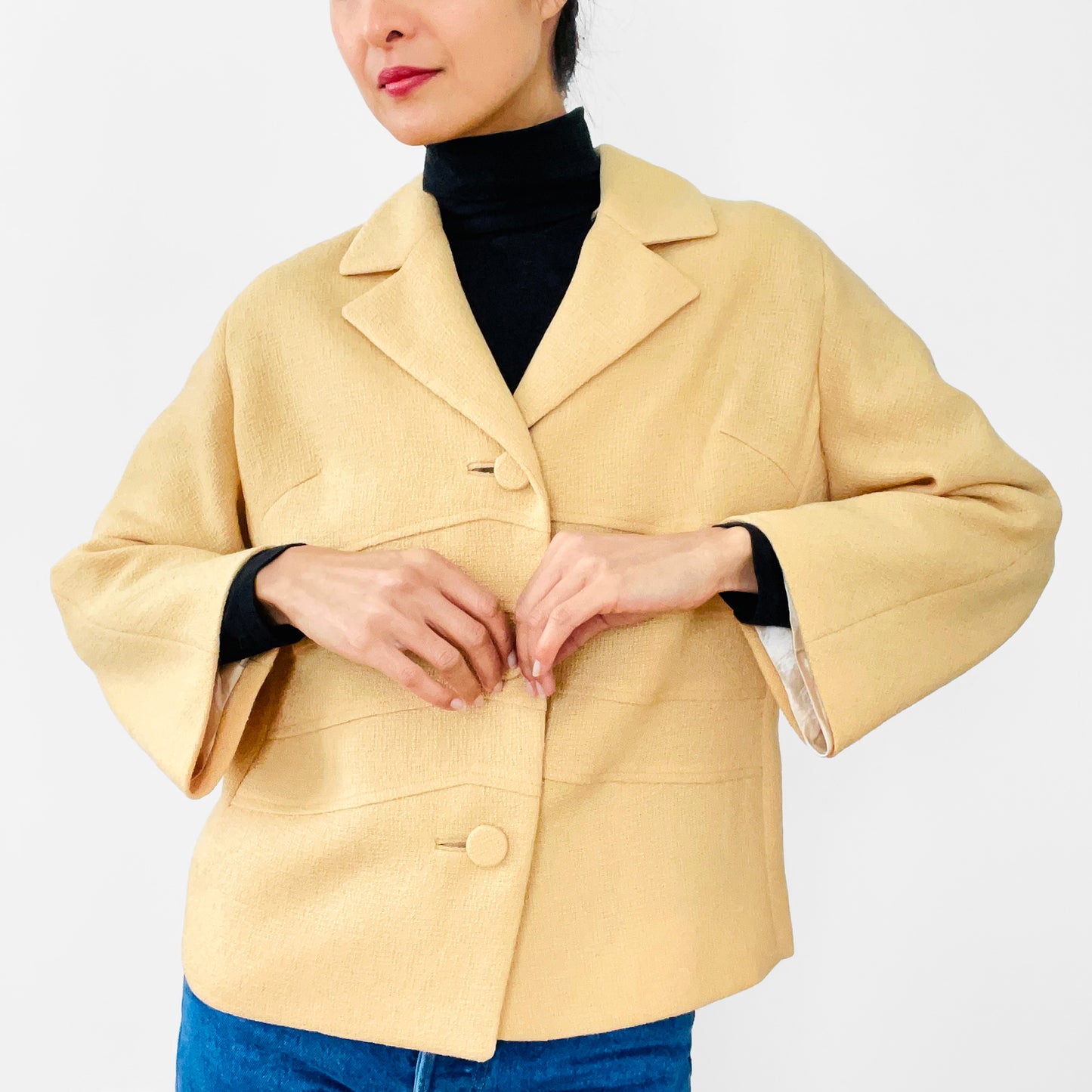 1950s Butter Yellow Made in England Button-Front Lined Blazer Jacket