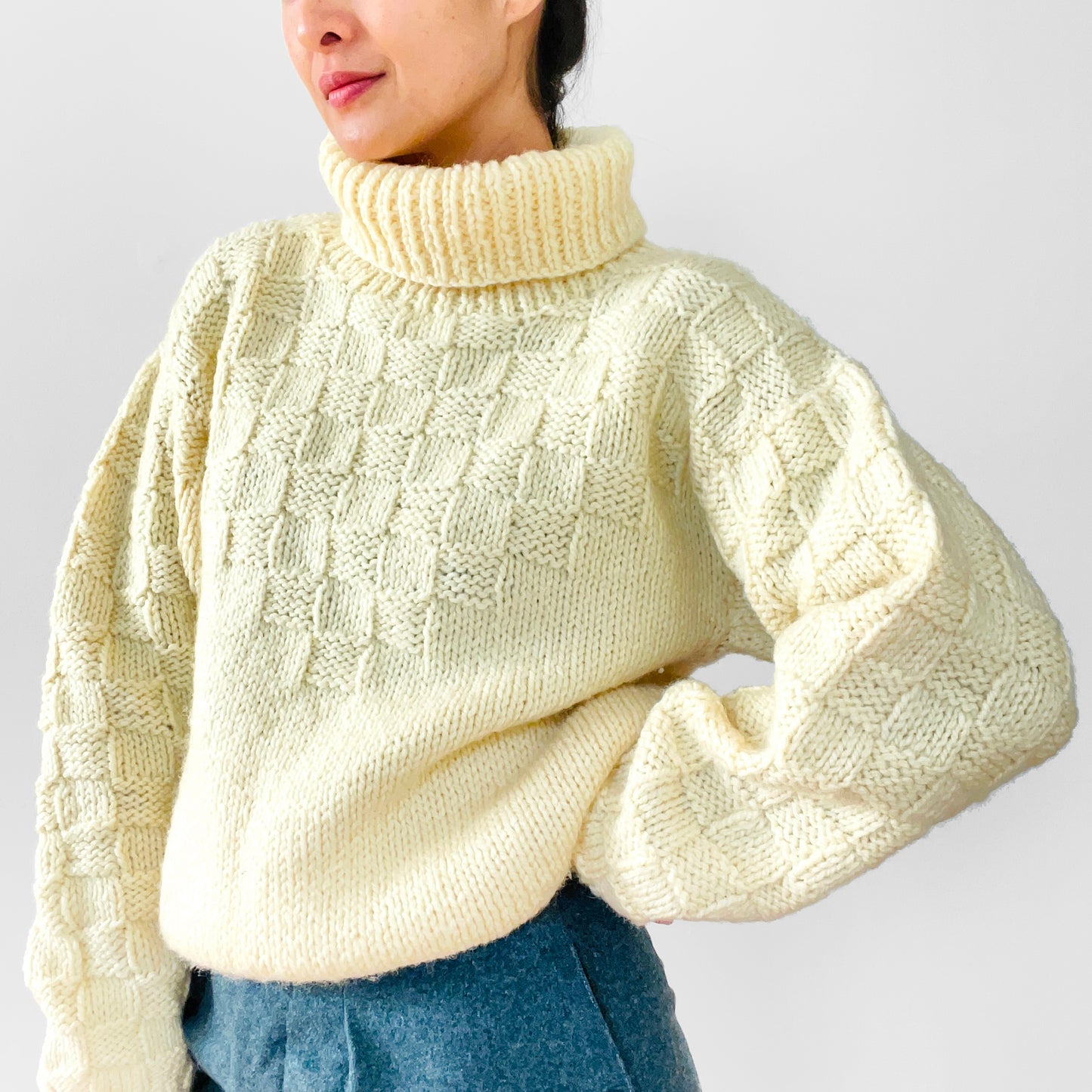 Cream Butter-Yellow Hand-Knit Handmade Turtleneck Pullover Jumper Sweater