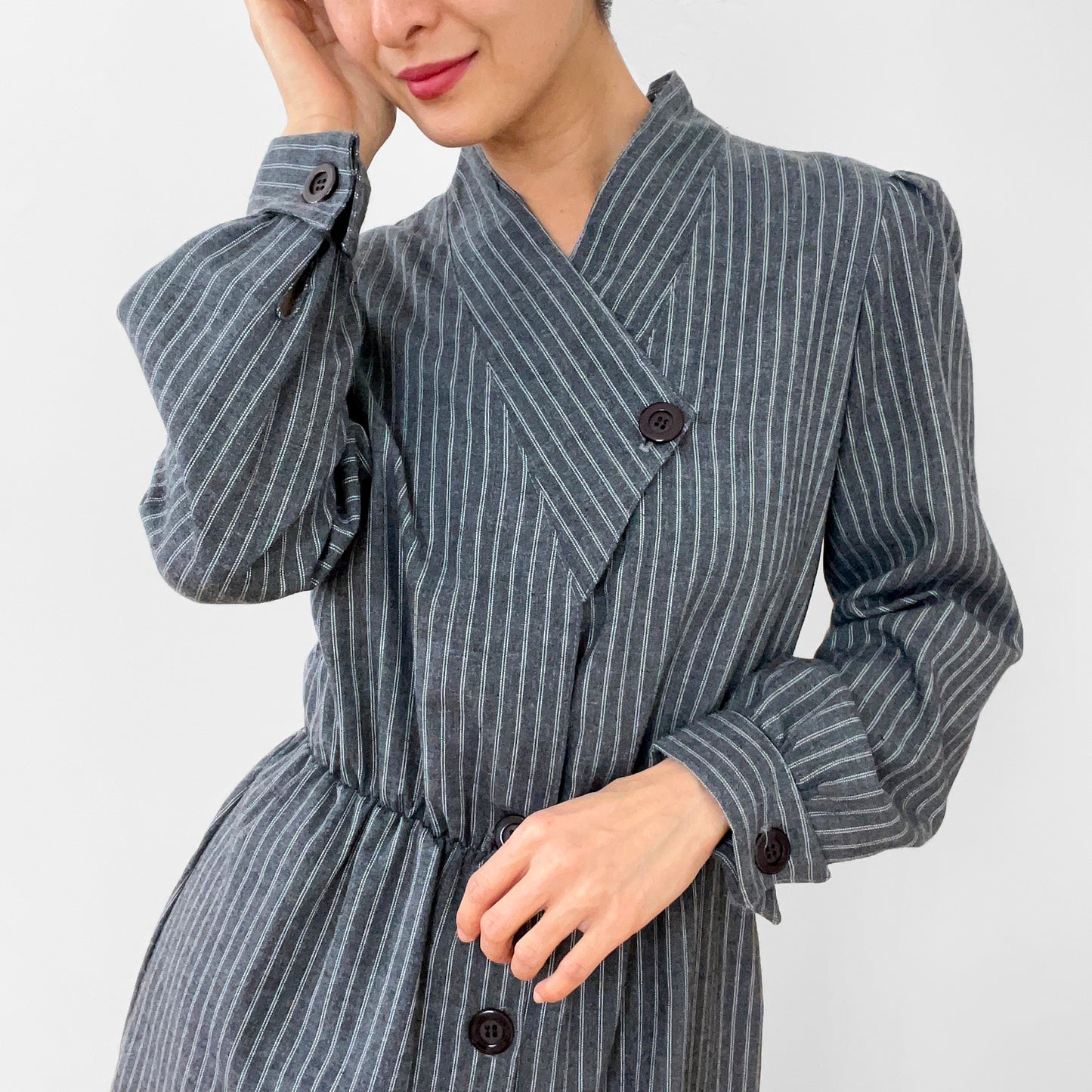 1980s Made in Canada Grey White Pinstripe Button-Front Cotton-Blend Pleated-Shoulder Dress