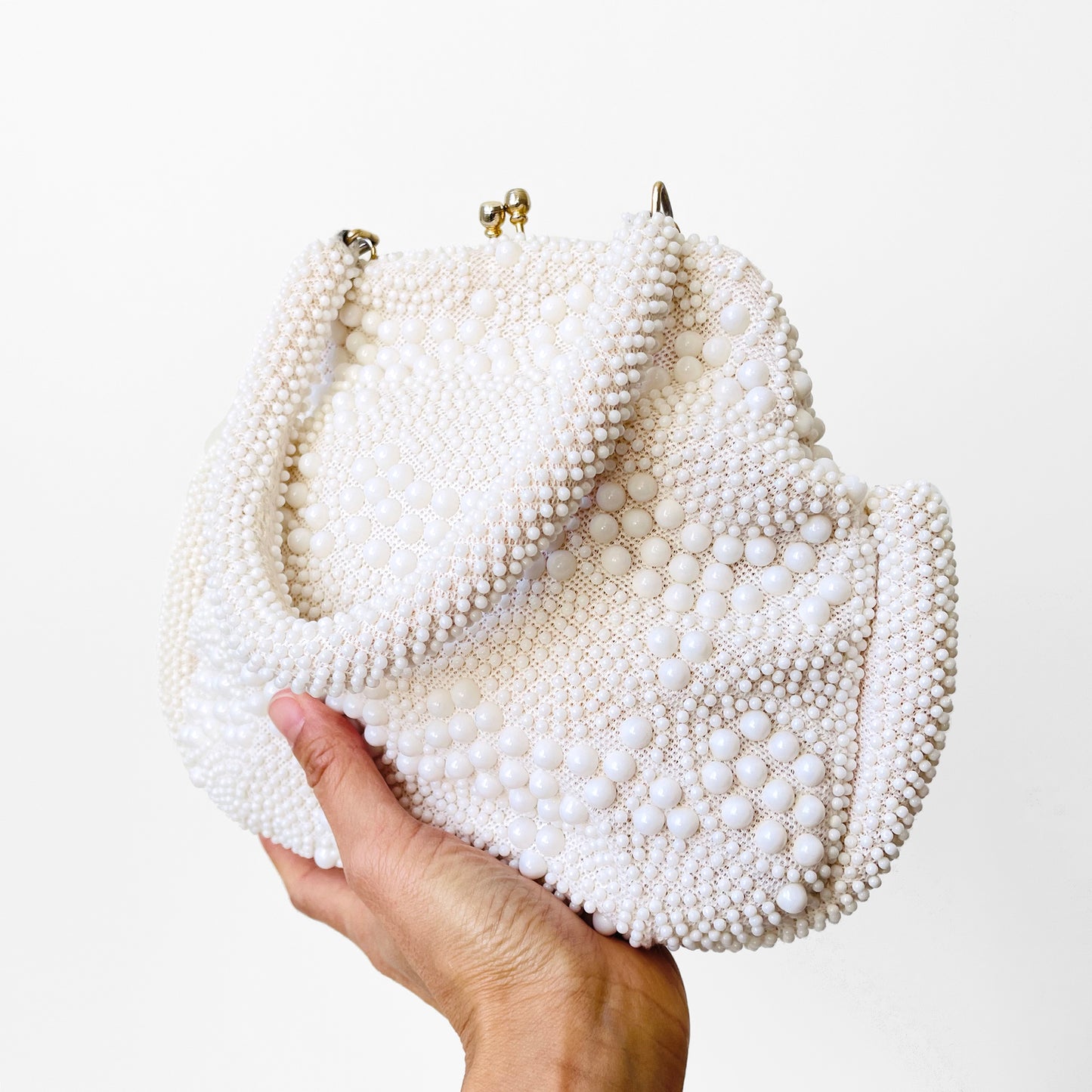 1980s Off-White Beaded Top-Handle Kiss-Lock Evening-Bag Purse