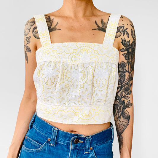 Upcycled Made-By-Me Vintage 60s Yellow and White Lace Lined Handmade Tied-Back Crop Tablecloth Top