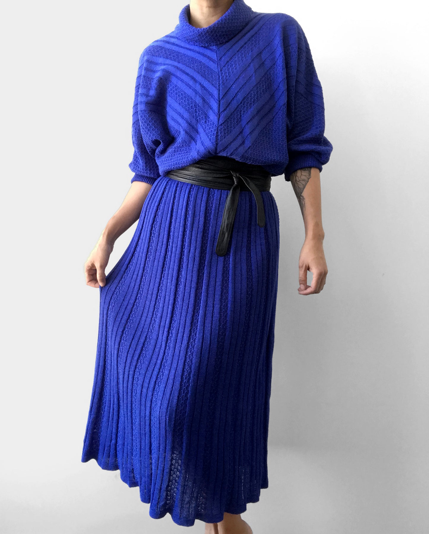 1980s Indigo Blue Knit Cowl-Neck Sweater Dress with Belt