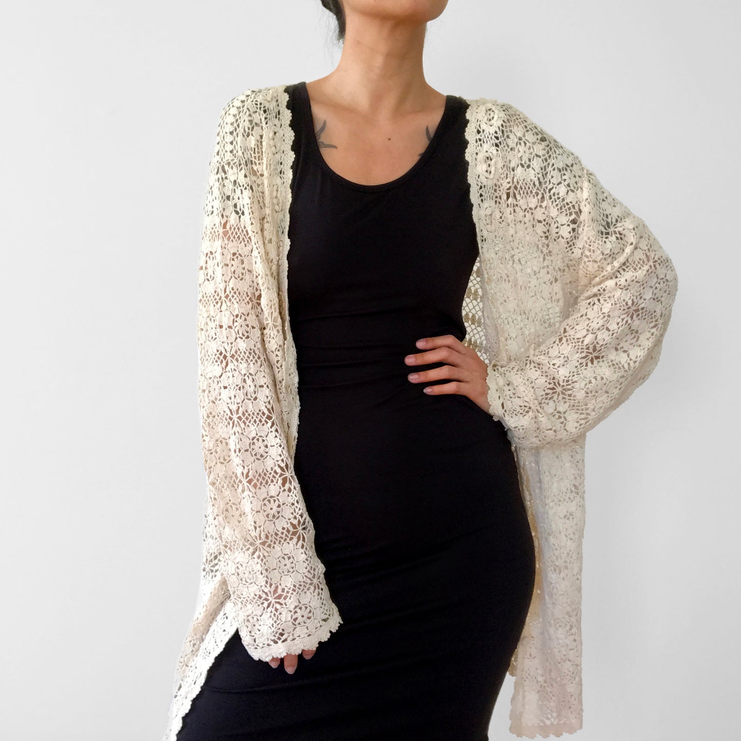 Cream Long-Sleeve Long Floral Crochet Cardigan