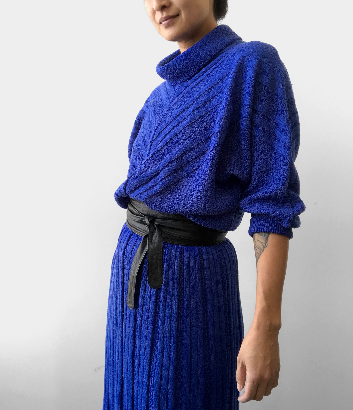 1980s Indigo Blue Knit Cowl-Neck Sweater Dress with Belt