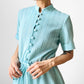 1960s Turquoise Button-Front Tied-Waist Short-Sleeve Textured Knit Dress - Sz. S