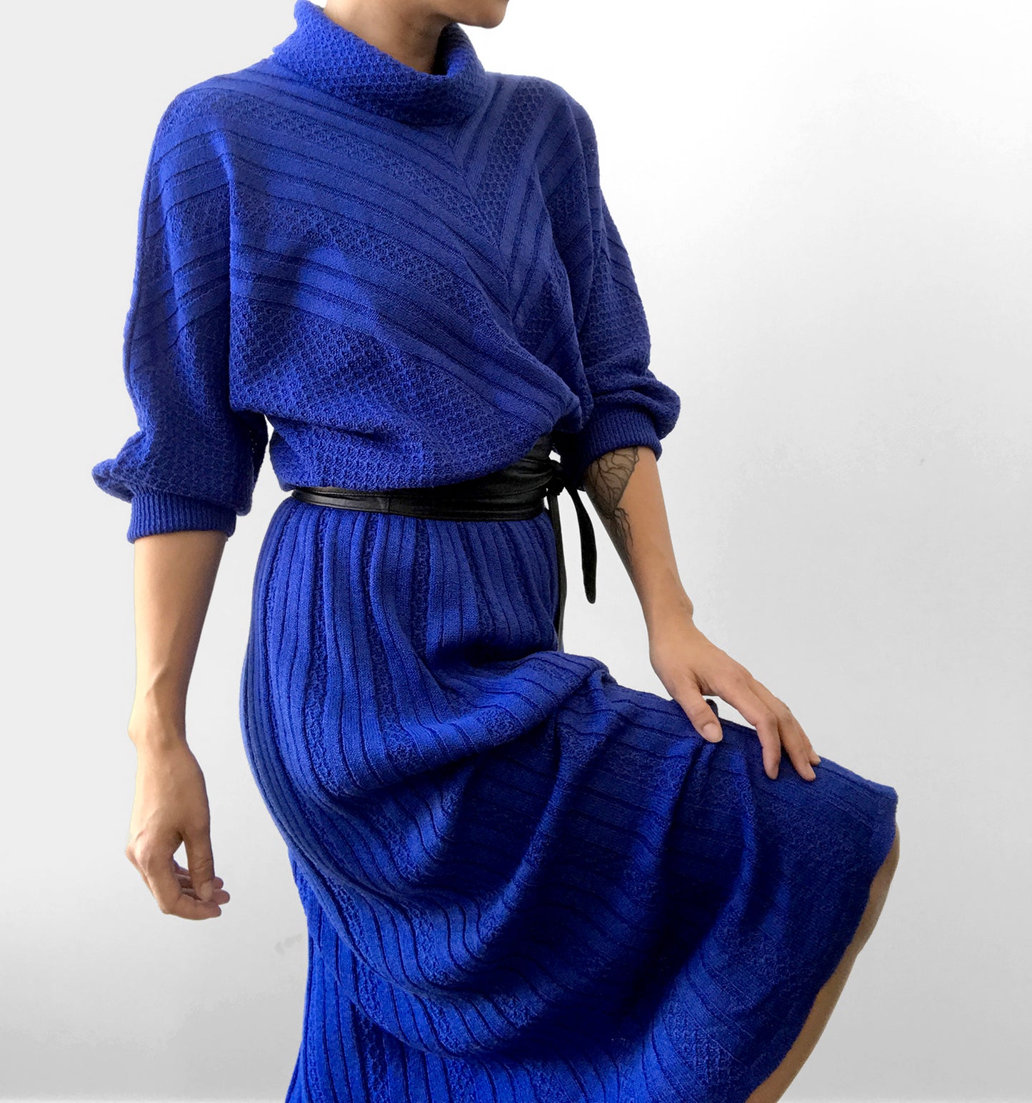 1980s Indigo Blue Knit Cowl-Neck Sweater Dress with Belt