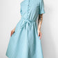 1960s Turquoise Button-Front Tied-Waist Short-Sleeve Textured Knit Dress - Sz. S