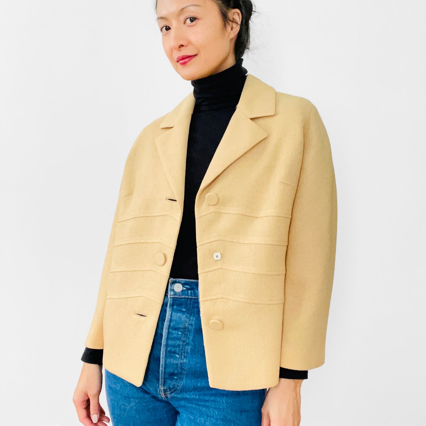 1950s Butter Yellow Made in England Button-Front Lined Blazer Jacket