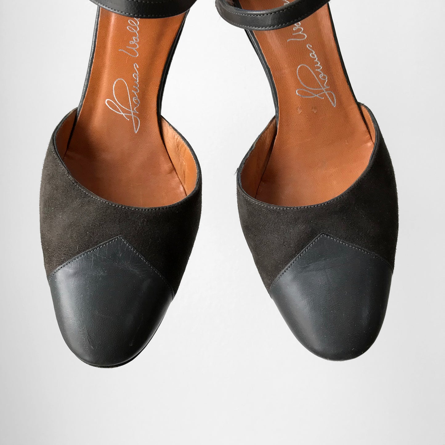 1970s Thomas Wallace Grey Suede and Leather Mary Jane High Heel Pumps