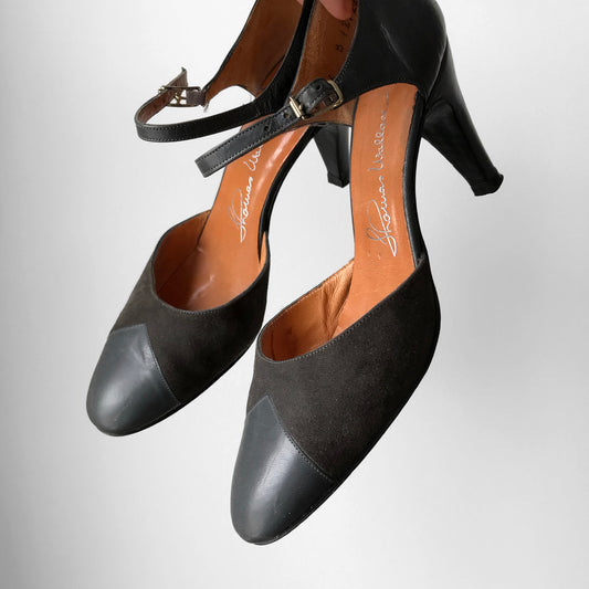 1970s Thomas Wallace Grey Suede and Leather Mary Jane High Heel Pumps