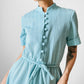 1960s Turquoise Button-Front Tied-Waist Short-Sleeve Textured Knit Dress - Sz. S