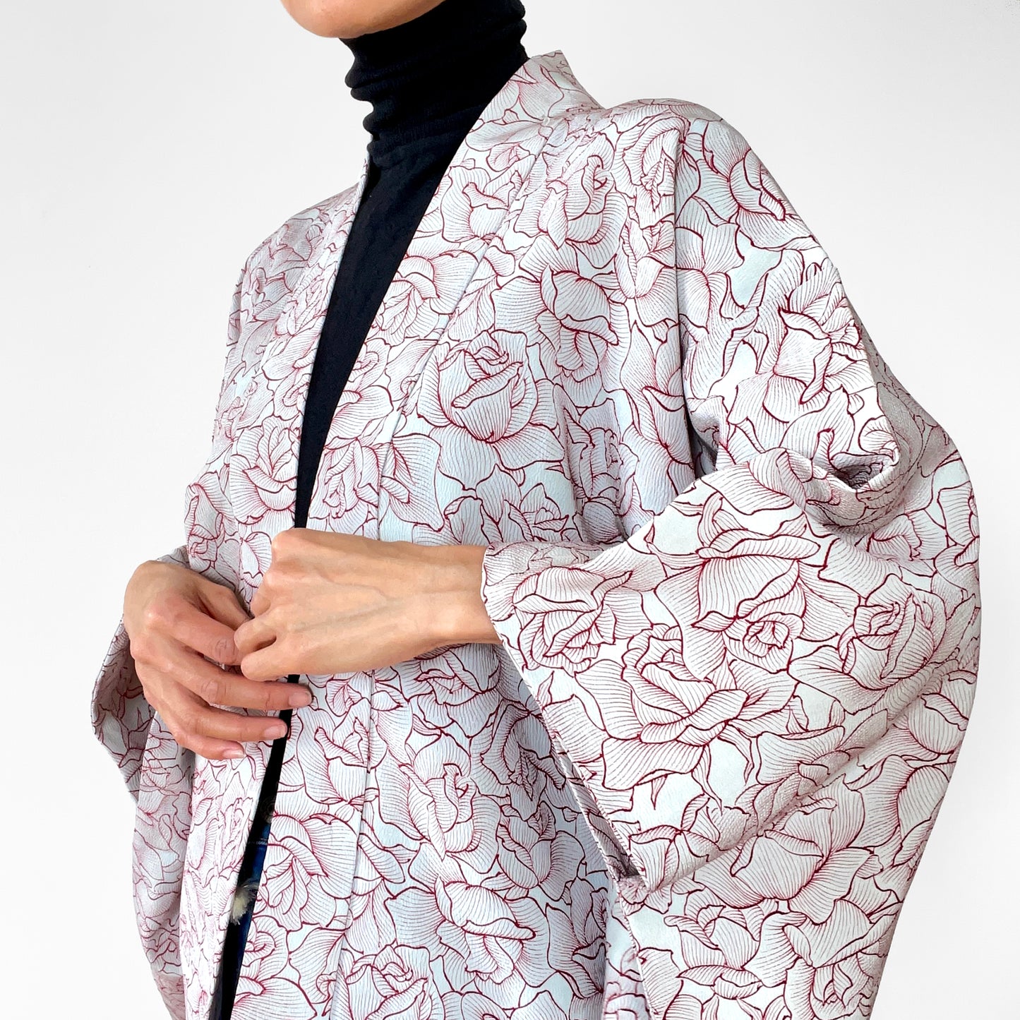 Rose Patterned Silk-Crepe Kimono Haori Jacket