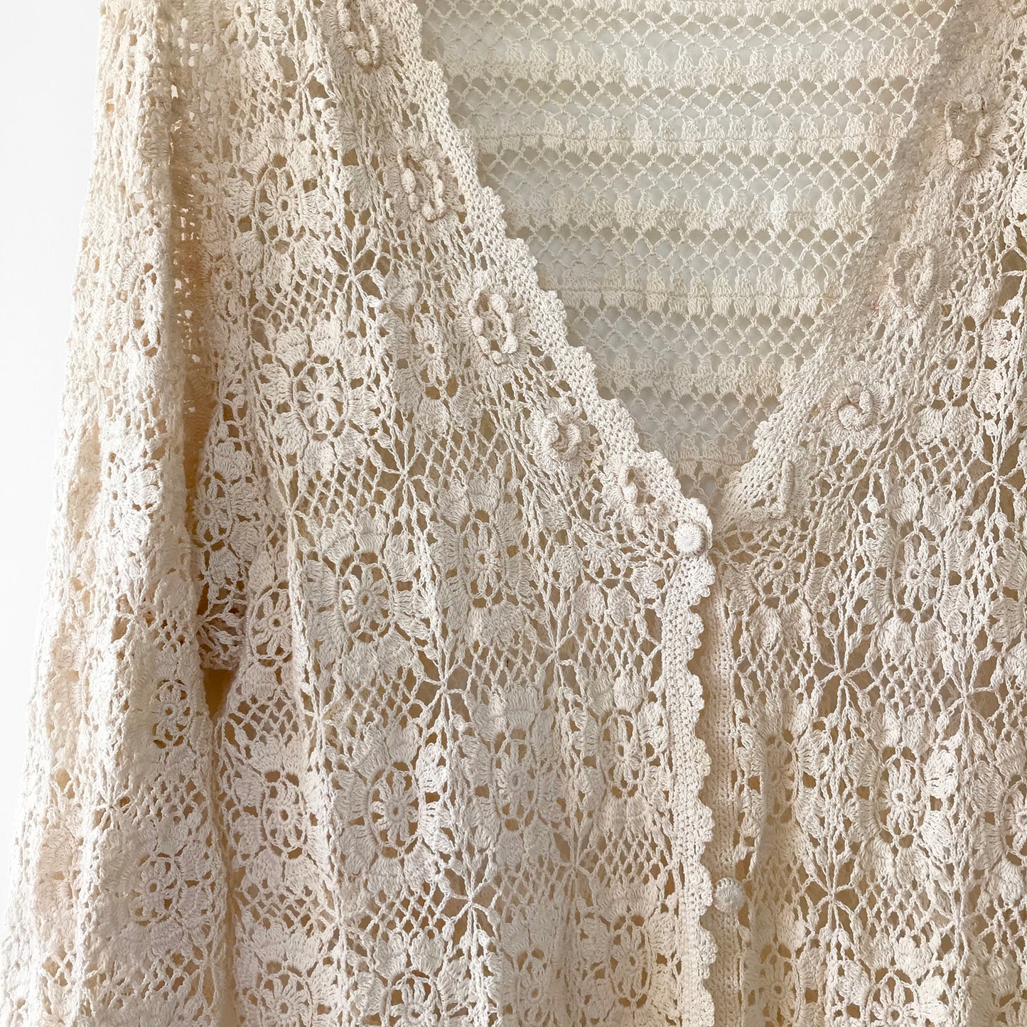 Cream Long-Sleeve Long Floral Crochet Cardigan