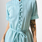 1960s Turquoise Button-Front Tied-Waist Short-Sleeve Textured Knit Dress - Sz. S