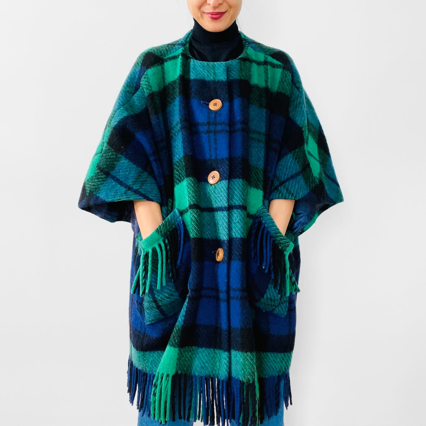 1960s Handmade Irish Wool Plaid Blanket Coat