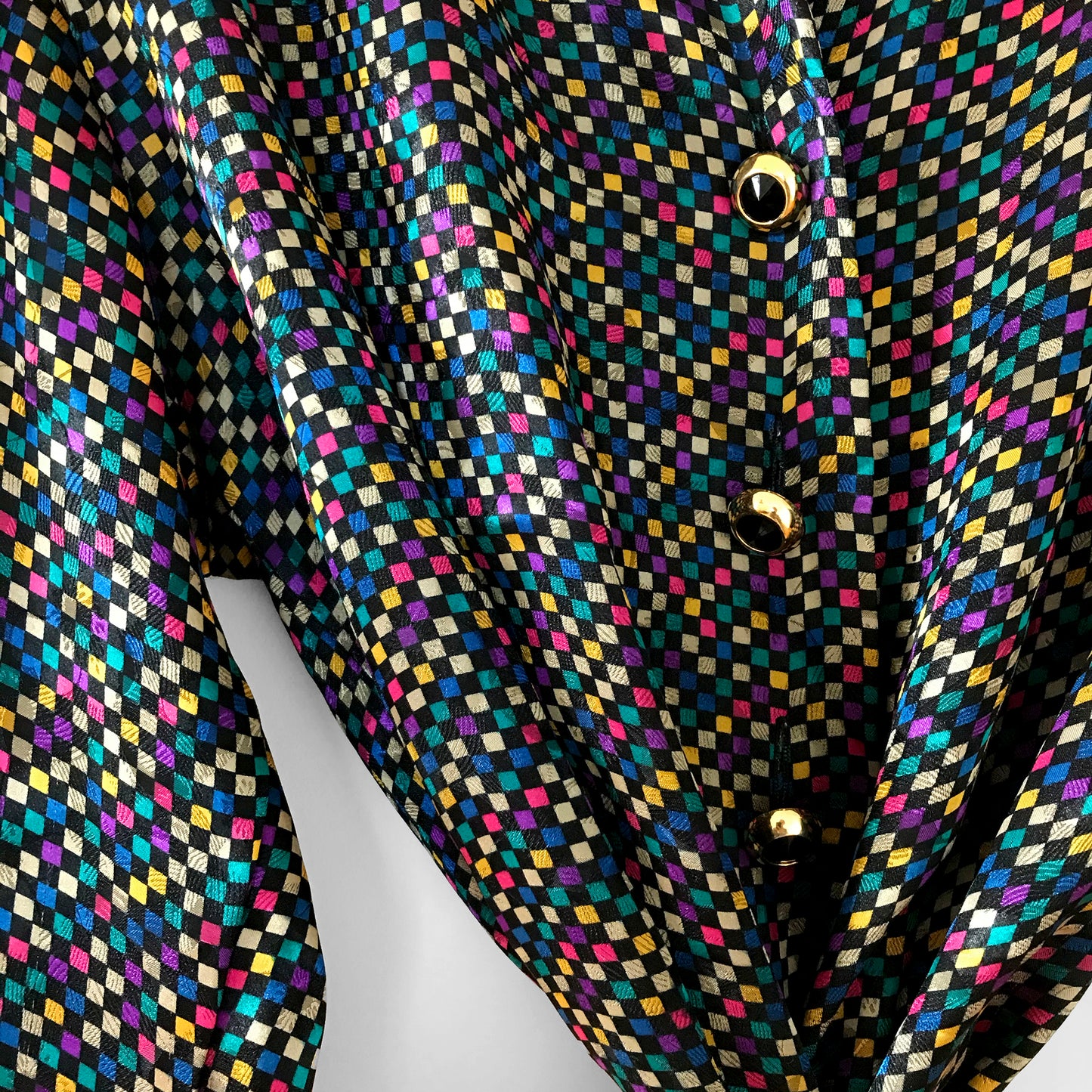 1980s Multi-Coloured Checker Patterned Gold Button Button-Front Blouse