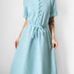 1960s Turquoise Button-Front Tied-Waist Short-Sleeve Textured Knit Dress - Sz. S