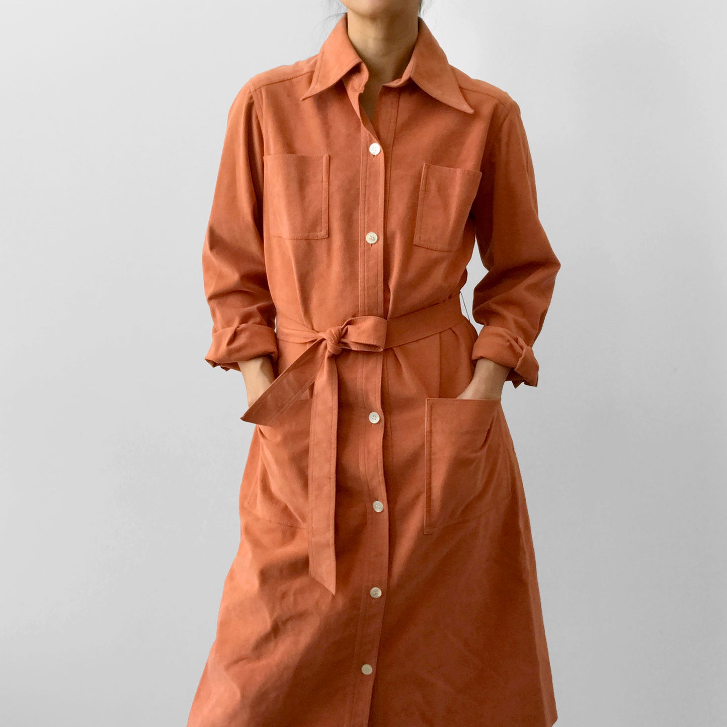 1970s Peachy Water-Resistant Breathable Button-Up Micro Suede Dress