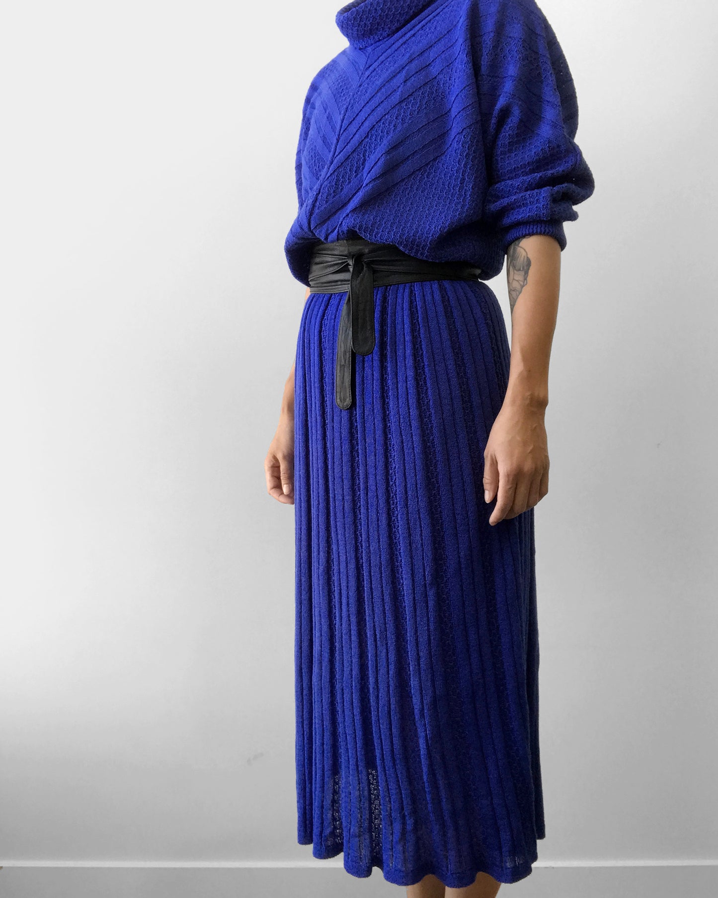 1980s Indigo Blue Knit Cowl-Neck Sweater Dress with Belt