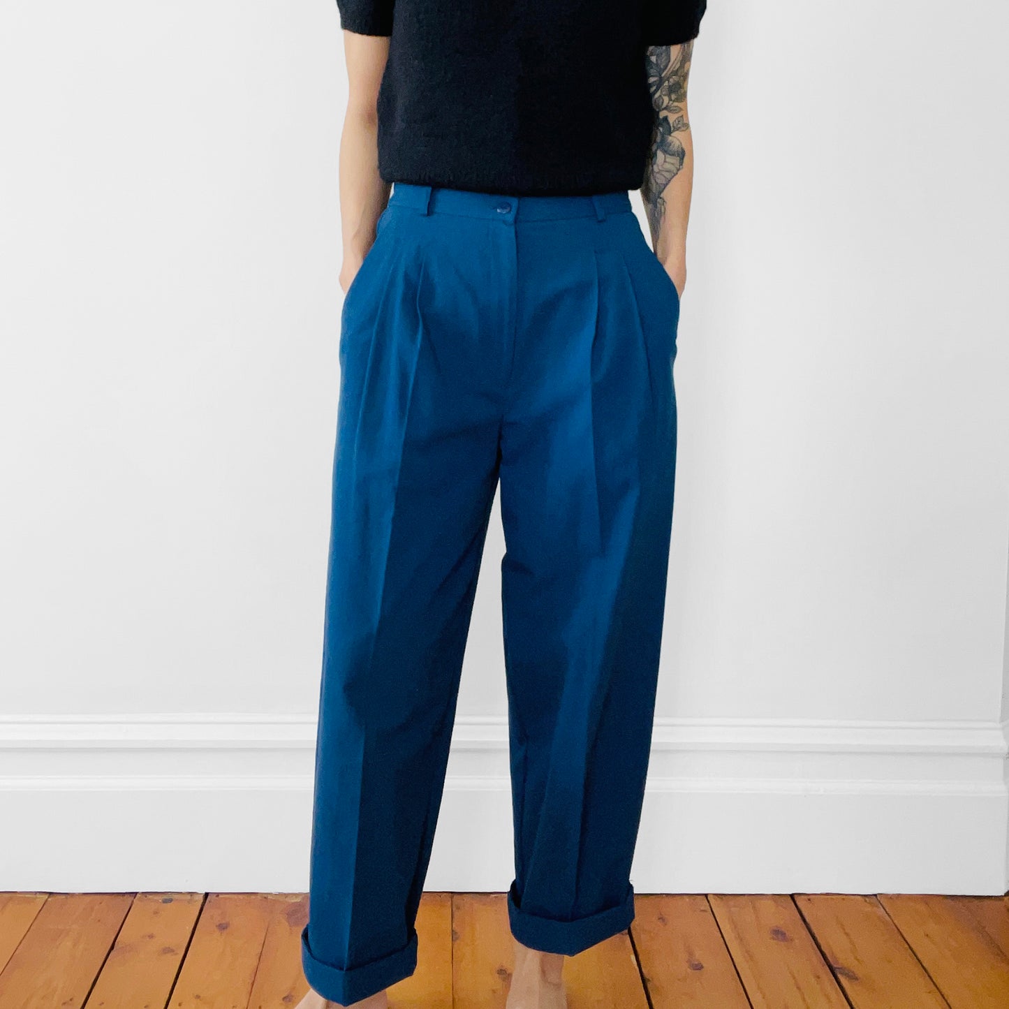 1980s Blue High-Waisted Pleated Tapered-Leg Pants