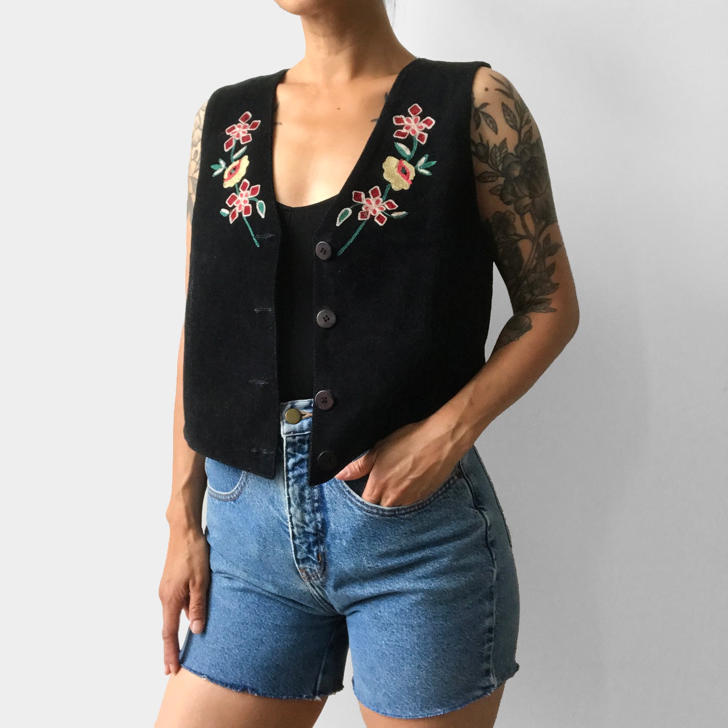 1970s Floral Embroidered Black Suede Crop Vest