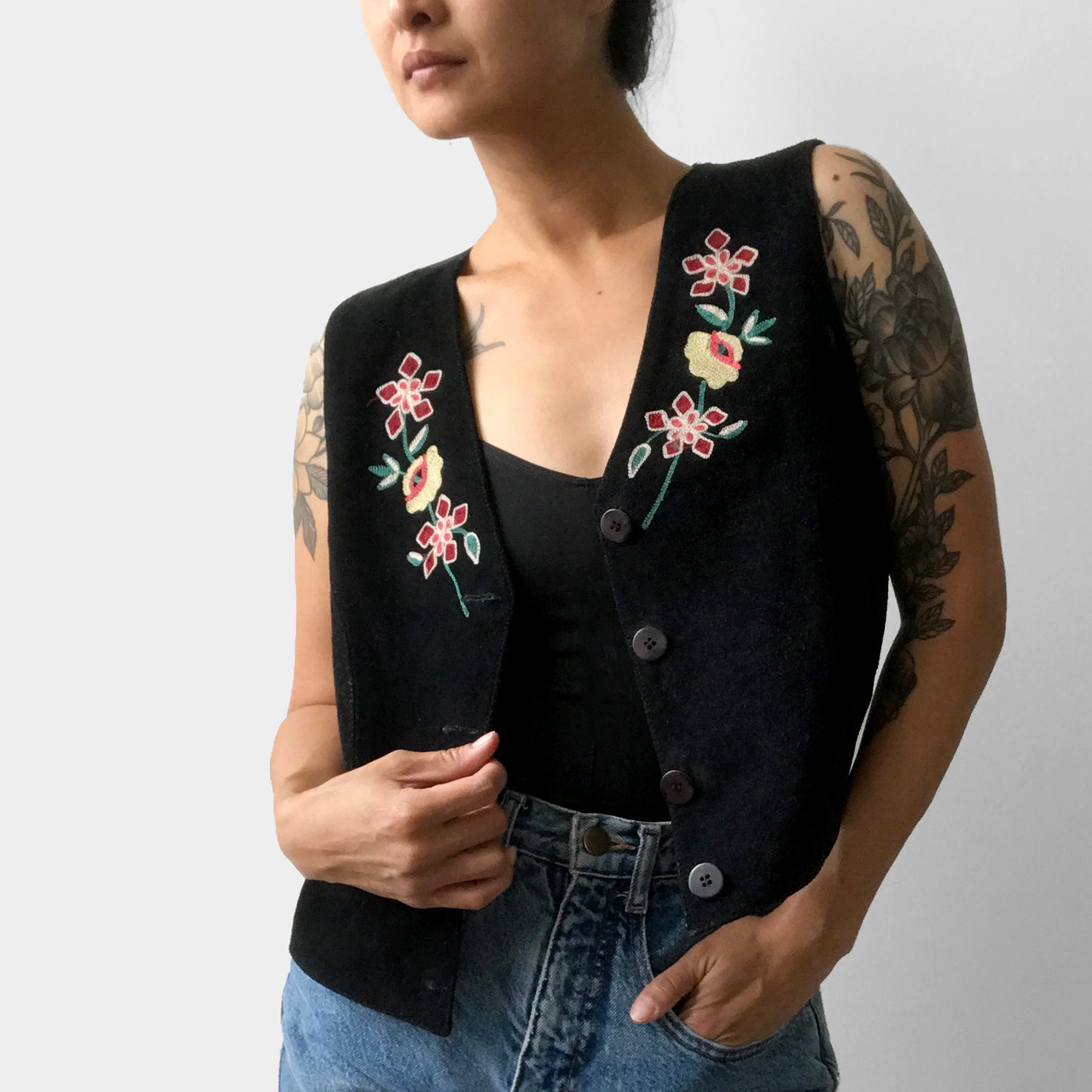 1970s Floral Embroidered Black Suede Crop Vest