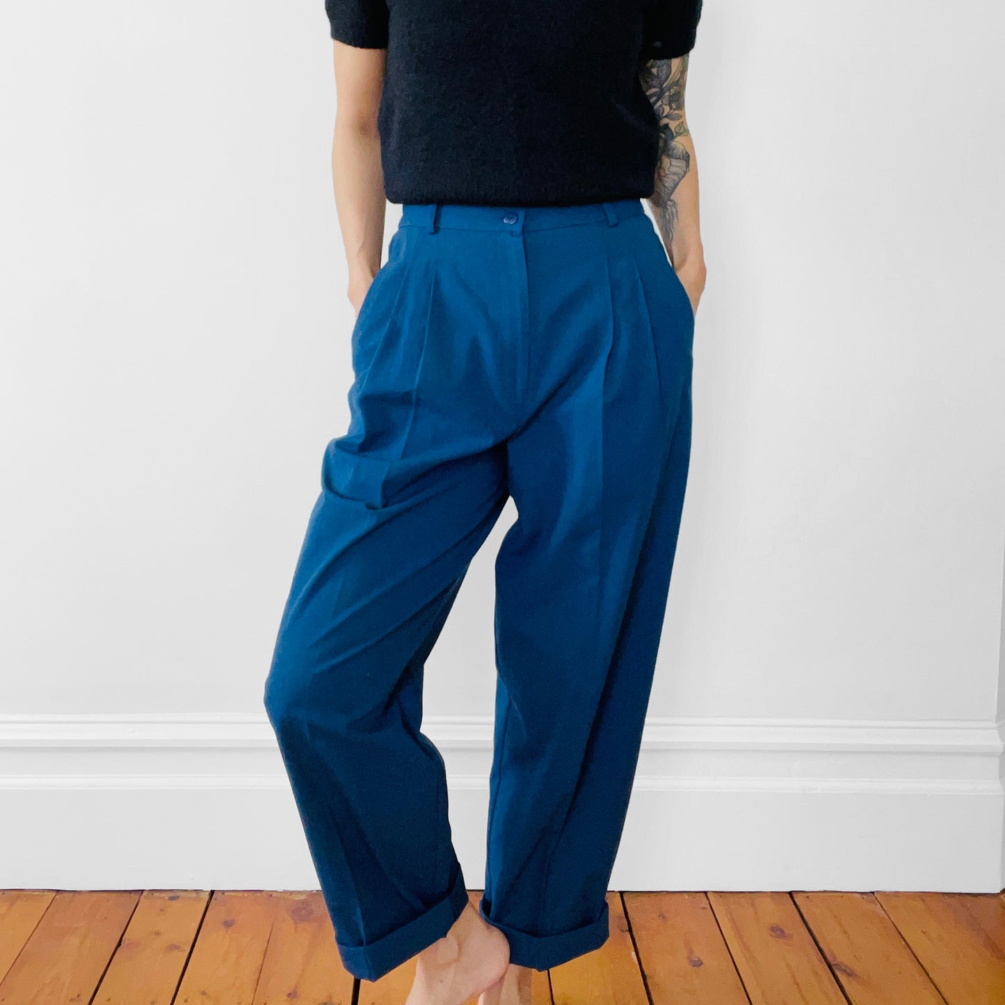 1980s Blue High-Waisted Pleated Tapered-Leg Pants