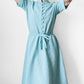 1960s Turquoise Button-Front Tied-Waist Short-Sleeve Textured Knit Dress - Sz. S